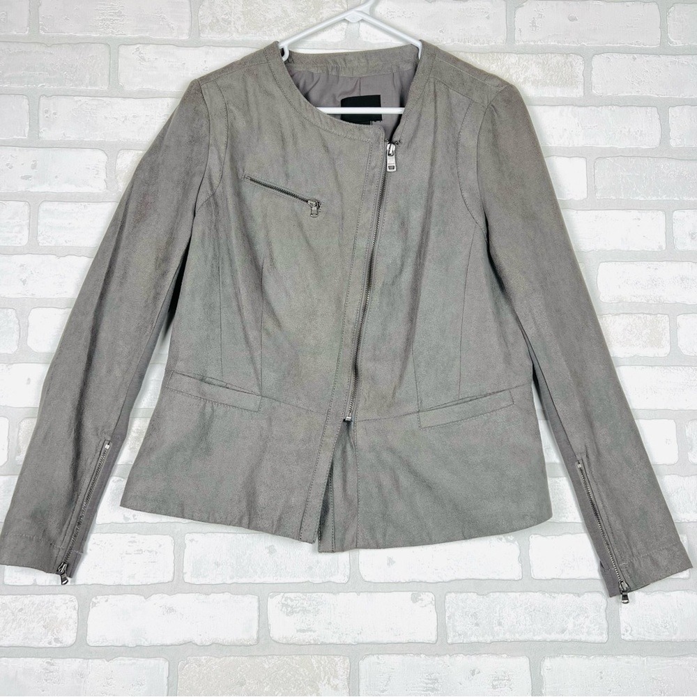 Grey Faux Suede Asymmetrical Zip Moto Jacket Collarless‎ Zipper Cuffs